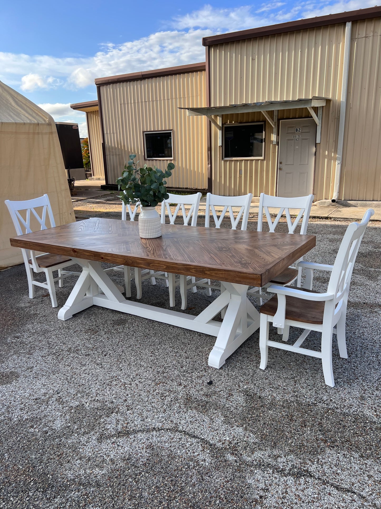 Della Herringbone Top Pattern Dining Table Set - Bench & Chairs Set - Handcrafted Solid Wood