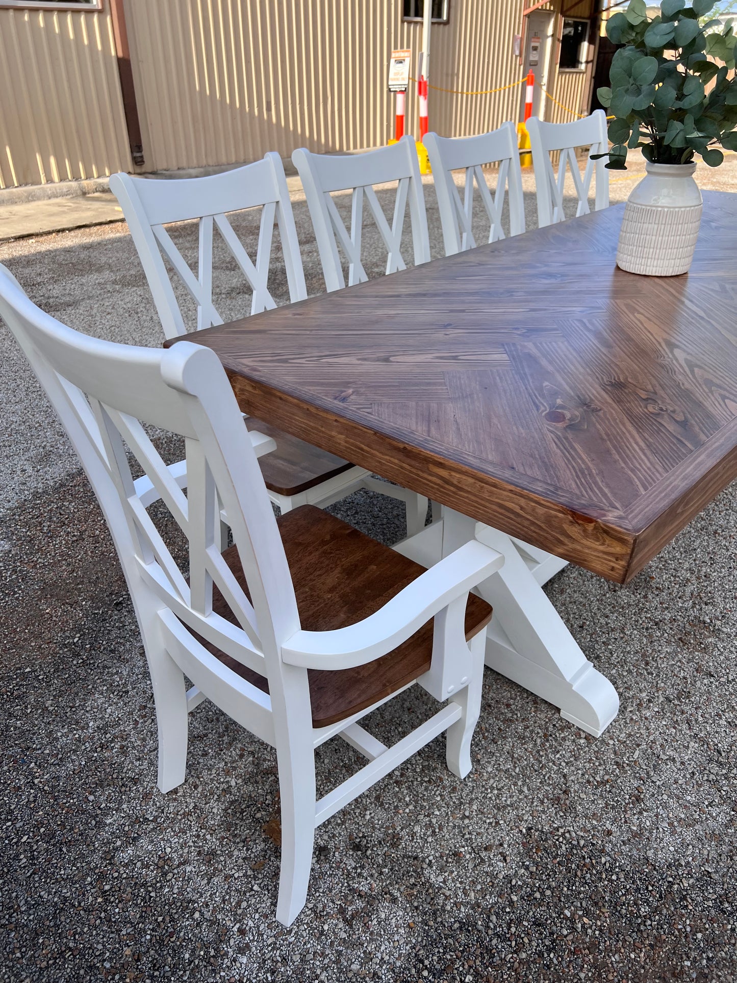 Della Herringbone Top Pattern Dining Table Set - Bench & Chairs Set - Handcrafted Solid Wood