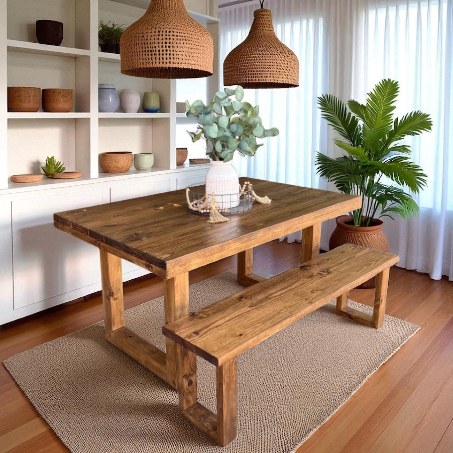 Elise Modern Rustic Dining Table & Bench Set - Handcrafted Solid Wood Dining Table