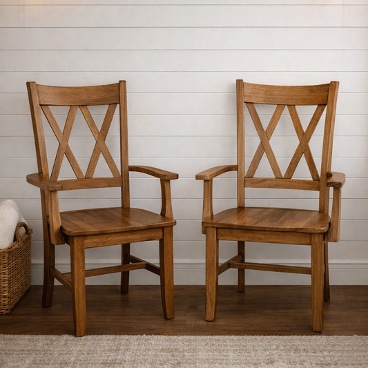 Farmhouse Solid Wood Dining Arm Chairs with Double X Back - handcrafted in Texas