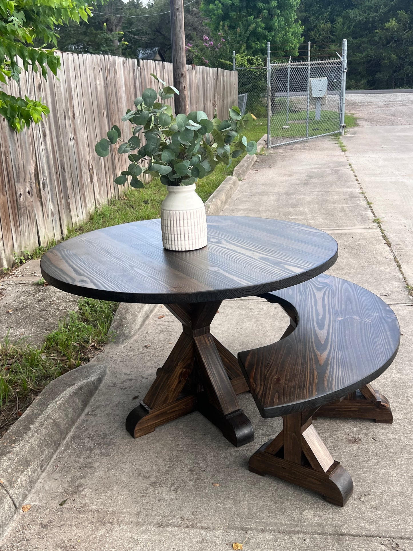 Solid Wood Round Dining Table & Curved Bench Set - Stella -  Farmhouse - Handcrafted