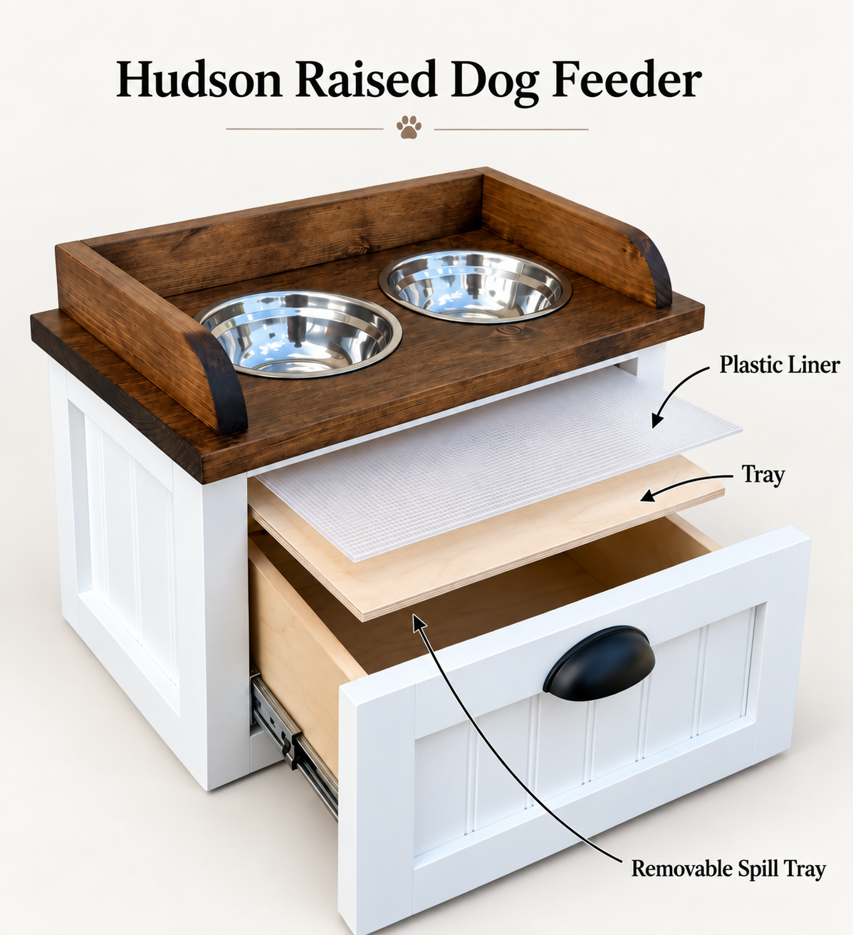 Raised Dog Feeding Station with Storage Drawer - Farmhouse Style - Handcrafted - Hudson