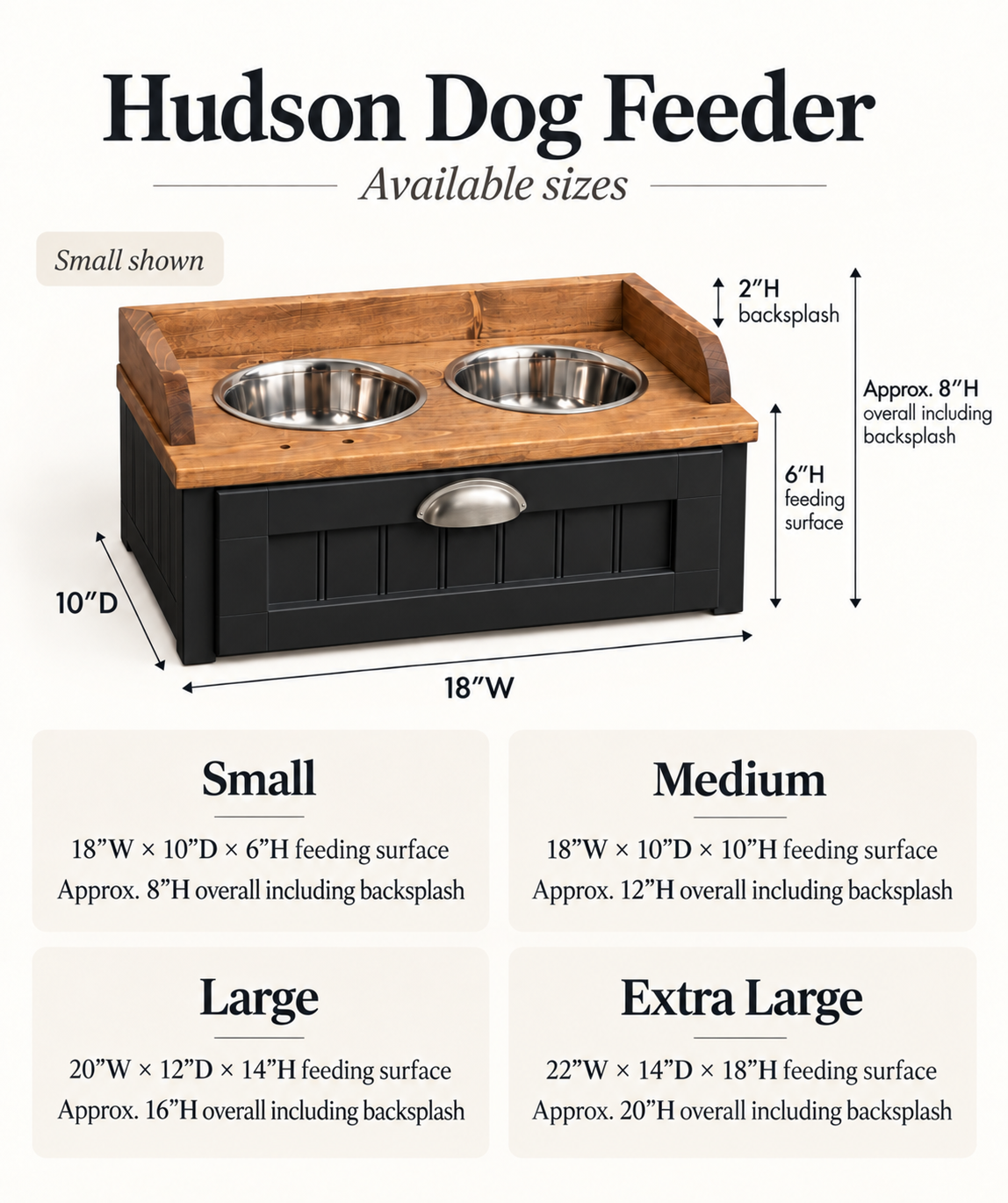 Raised Dog Feeding Station with Storage Drawer - Farmhouse Style - Handcrafted - Hudson