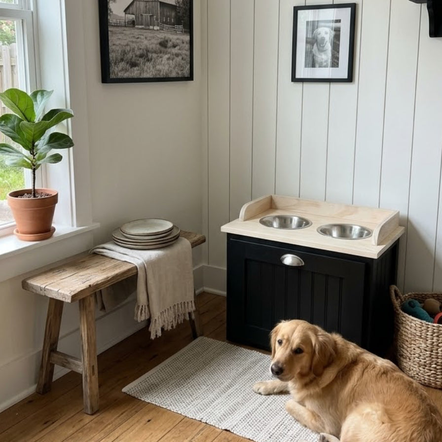 Raised Dog Feeding Station with Storage Drawer - Farmhouse Style - Handcrafted - Hudson