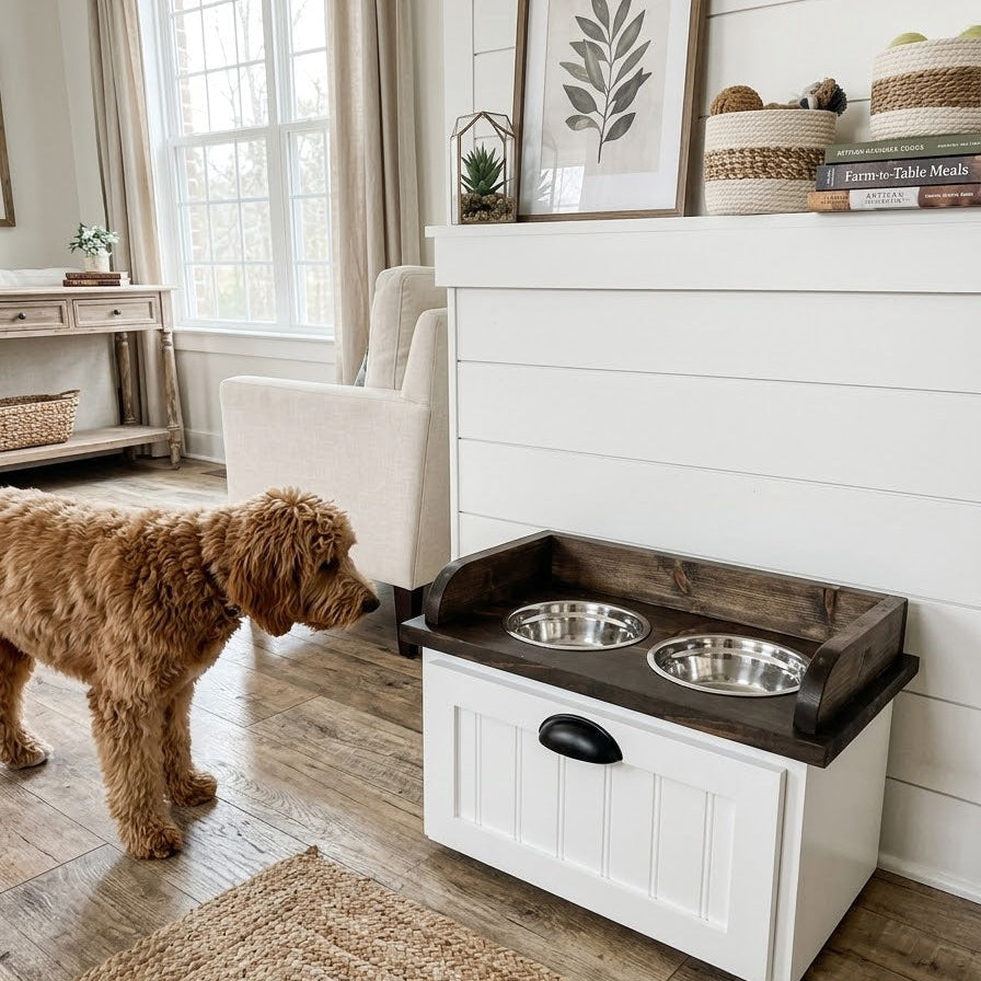 A brown poodle stands beside a white and dark wood pet storage table with two stainless steel bowls in a bright, modern farmhouse-style living room.