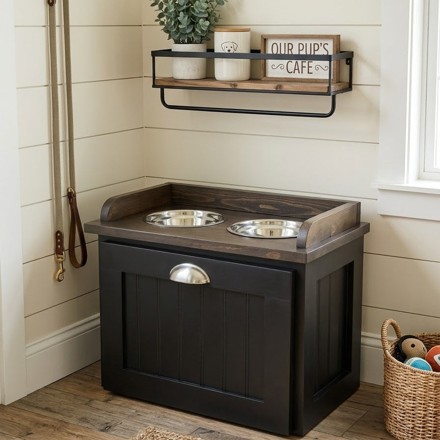 Raised Dog Feeding Station with Storage Drawer - Farmhouse Style - Handcrafted - Hudson
