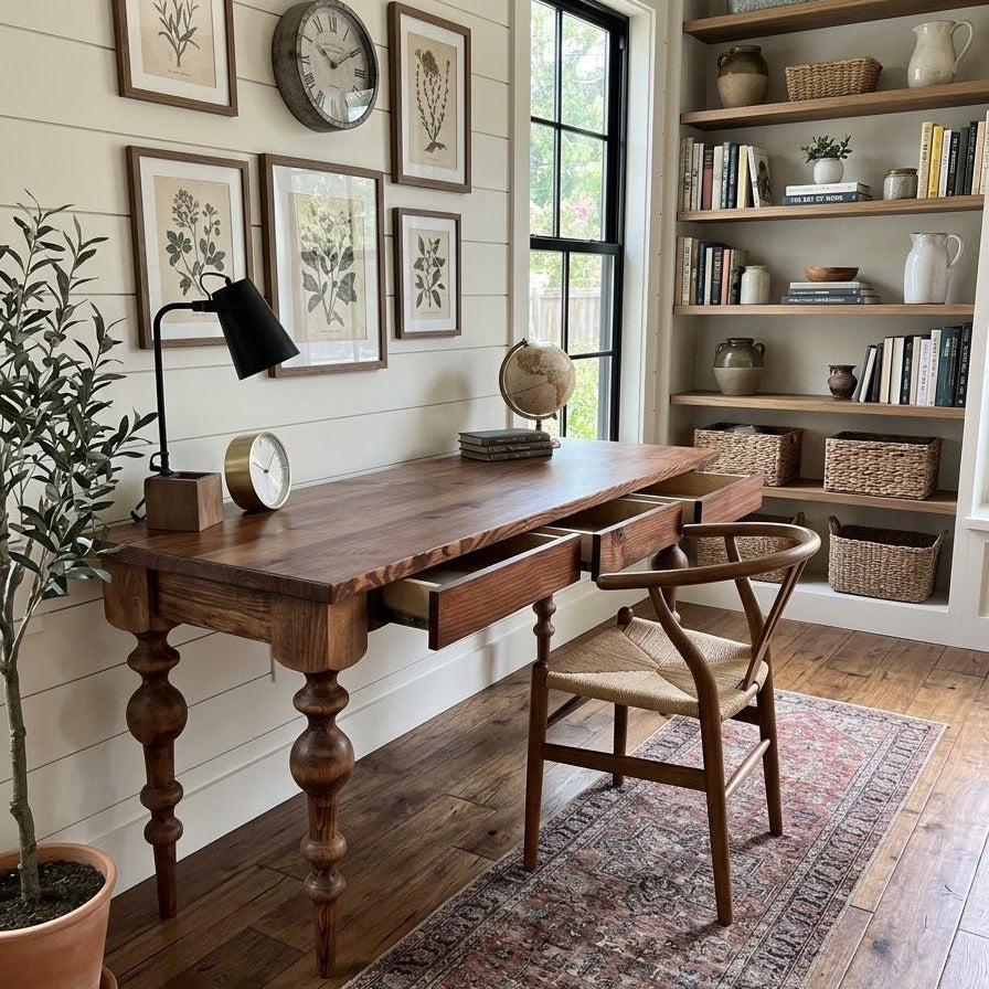 A rustic wooden writing desk with turned legs and three drawers, styled in a bright home office with a matching wooden chair, a black desk lamp, framed botanical prints, and a patterned area rug.