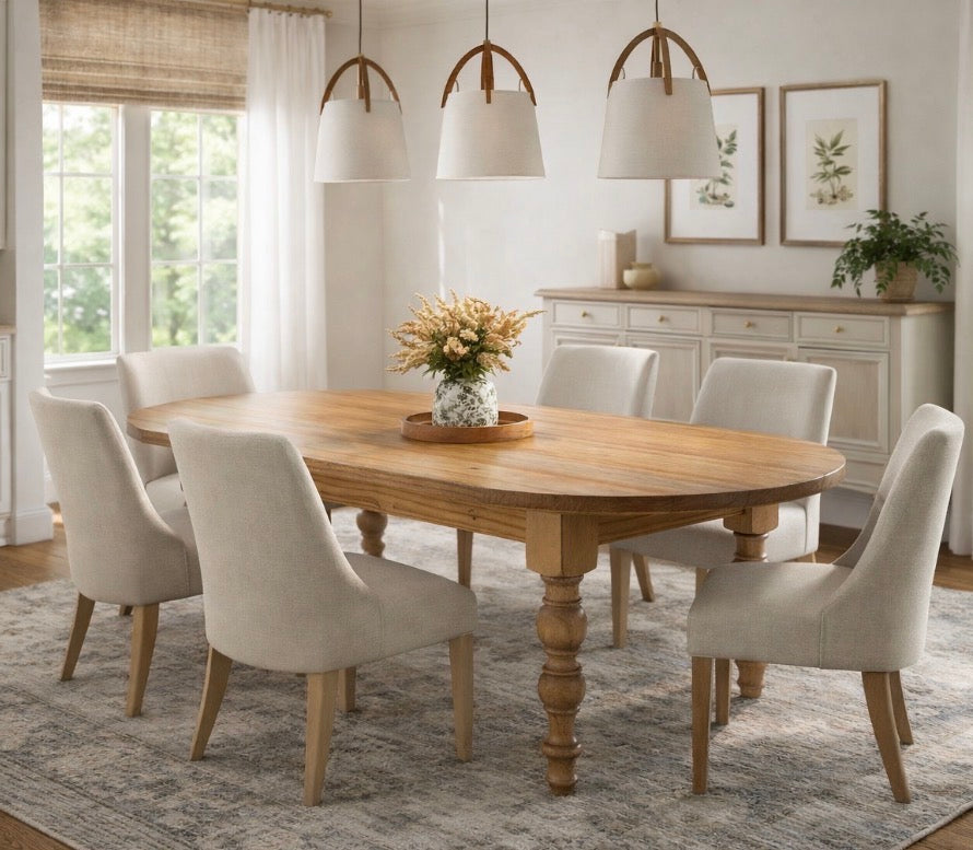 Solid Wood Oval Dining Table with Turned Legs - Dasha - Farmhouse - Handcrafted