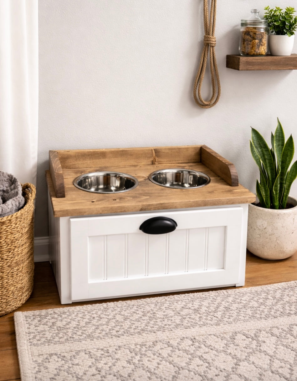 Raised Dog Feeding Station with Storage Drawer - Farmhouse Style - Handcrafted