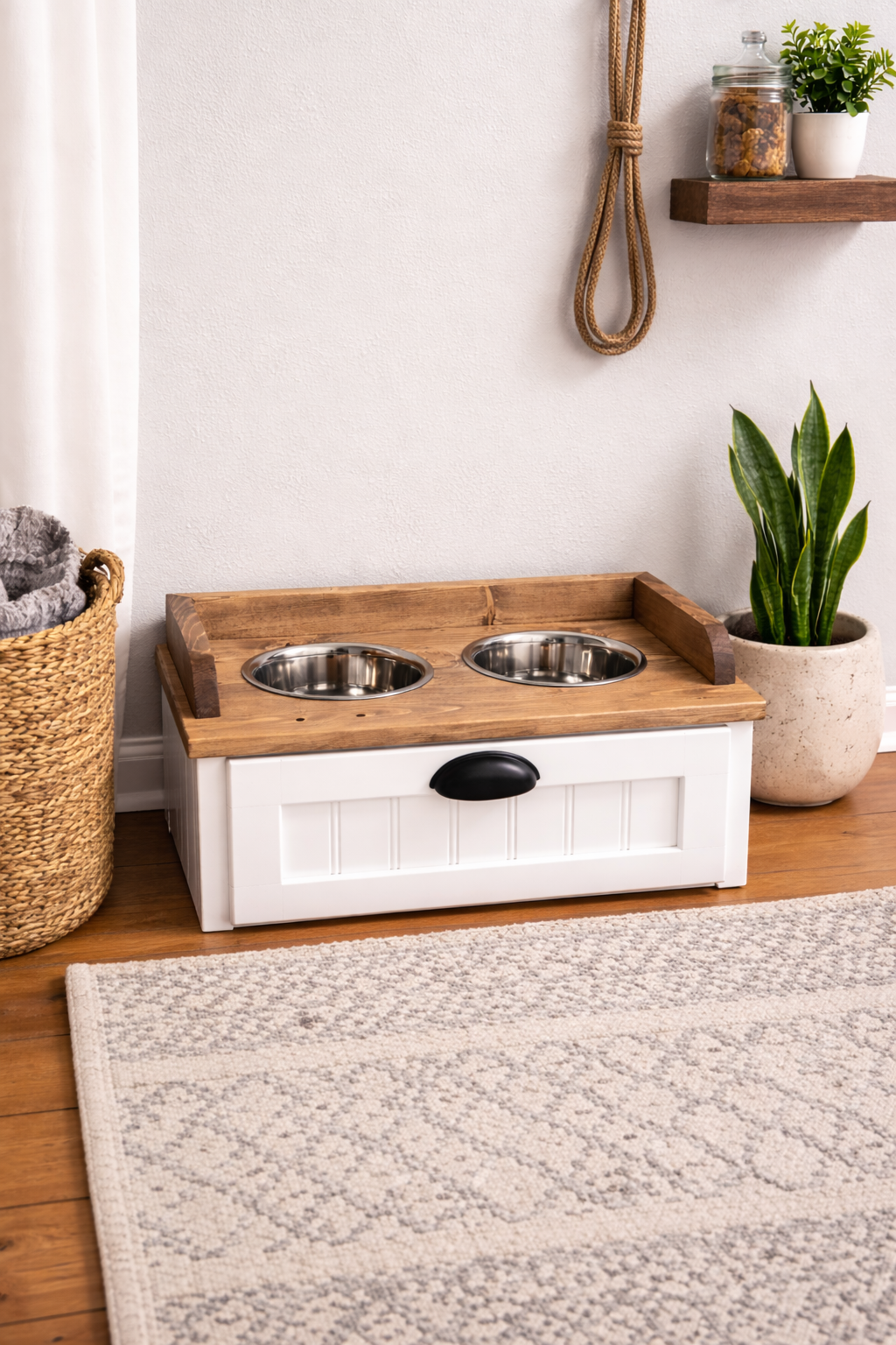 Raised Dog Feeding Station with Storage Drawer - Farmhouse Style - Handcrafted