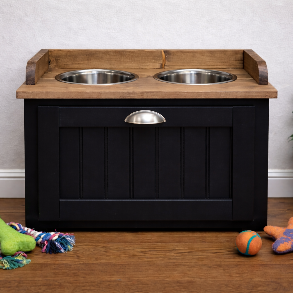 A black pet storage cabinet with a natural wood top and two stainless steel double bowls, shown on a wooden floor with dog toys and a potted plant.