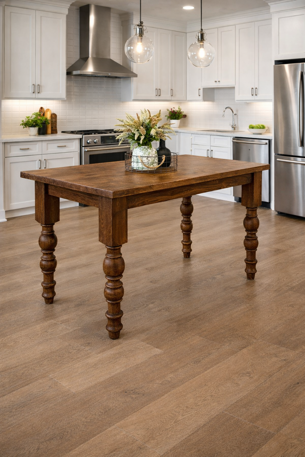 Handcrafted Solid Wood Kitchen Island with Butcher Block with Turned Legs - Dasha