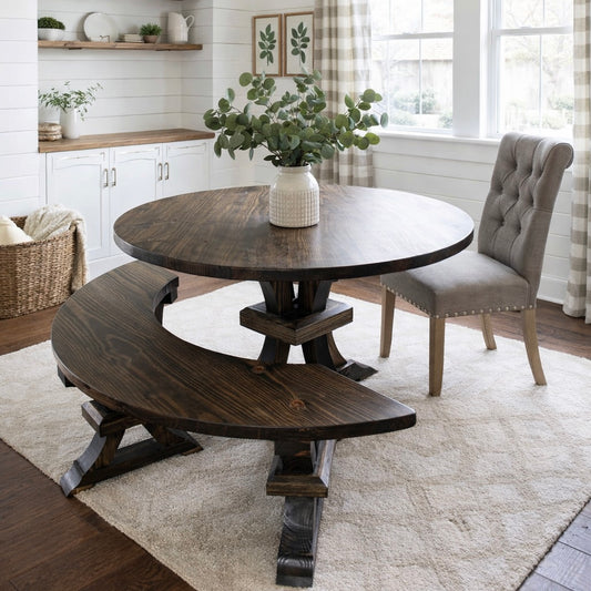 Handcrafted Solid Wood Round Dining Table & Curved Bench Set - Eleanor