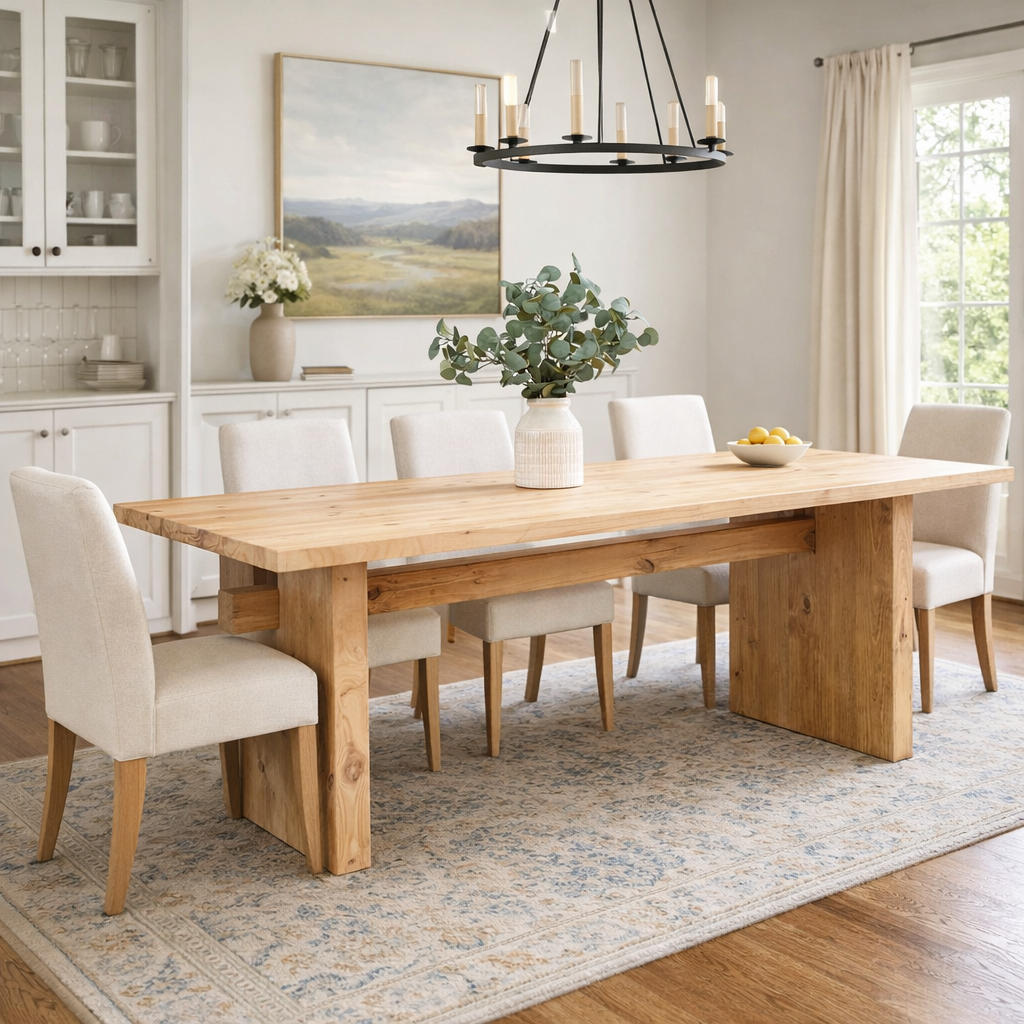 handcrafted solid wood dining table in modern farmhouse dining room with thick rectangular top and panel base legs