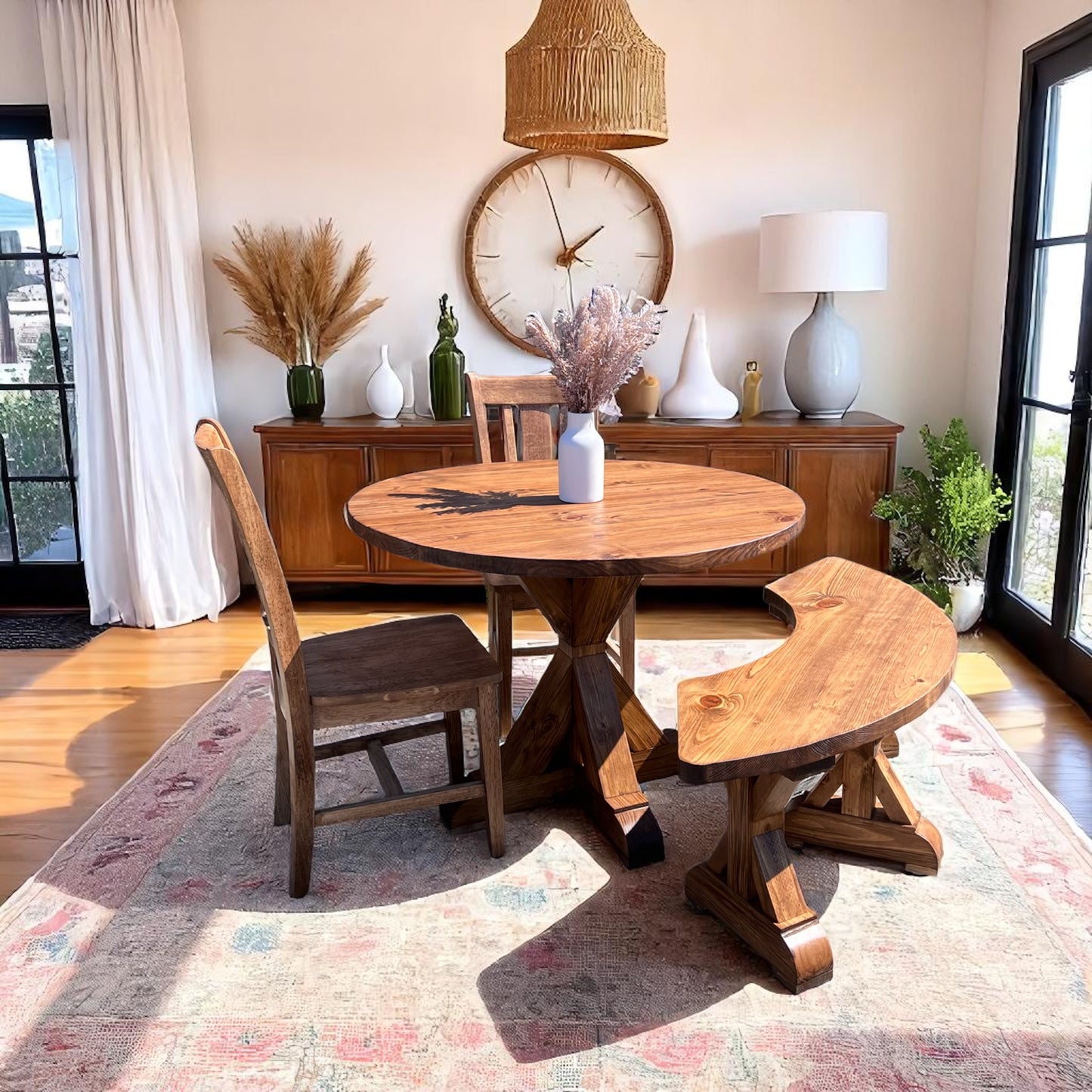 Stella Round Dining Table Set with Chairs Curved Bench - Solid Wood - Handcrafted