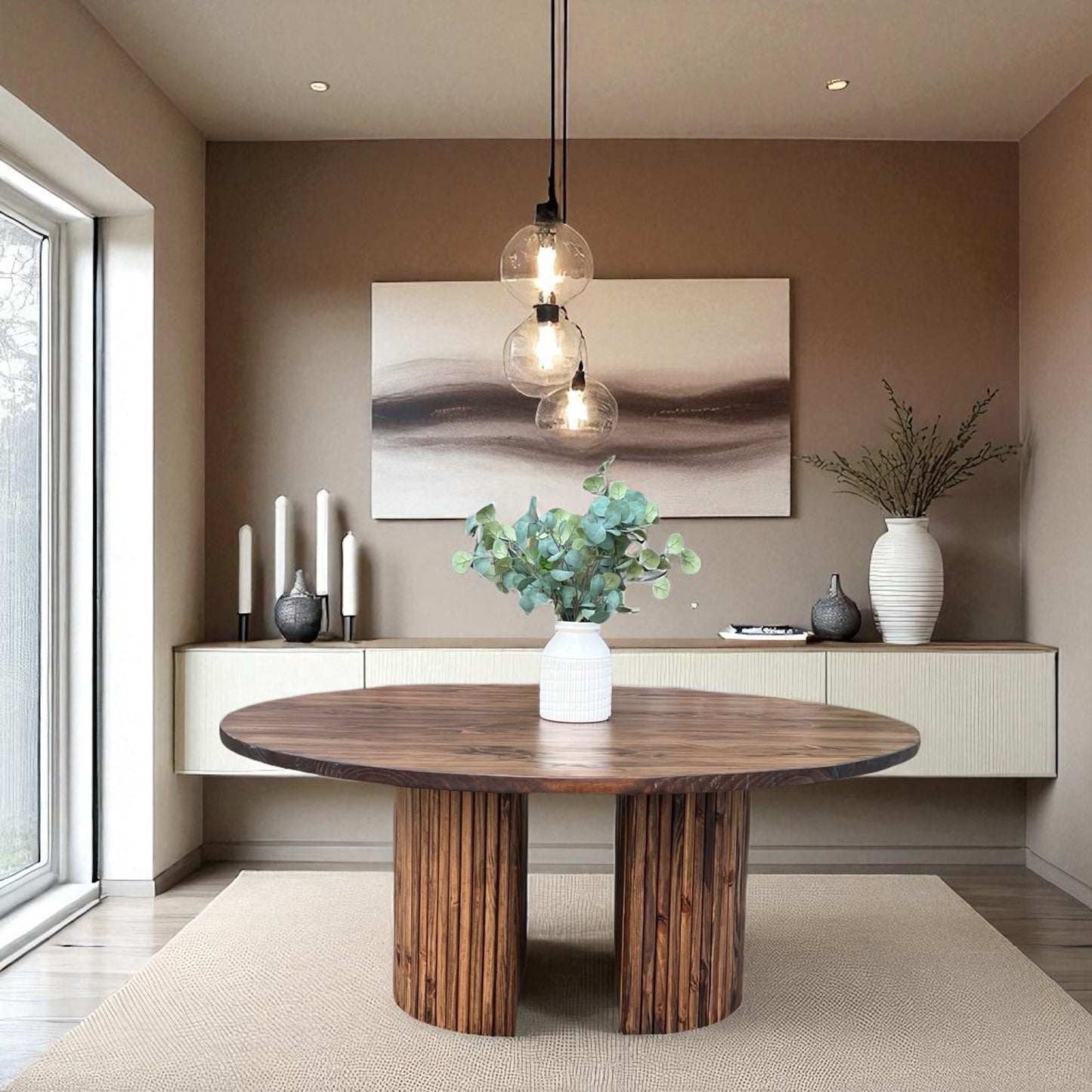 Celeste Round Dining Table – Fluted Pedestal Base | Solid Wood Dining Table | Modern Farmhouse