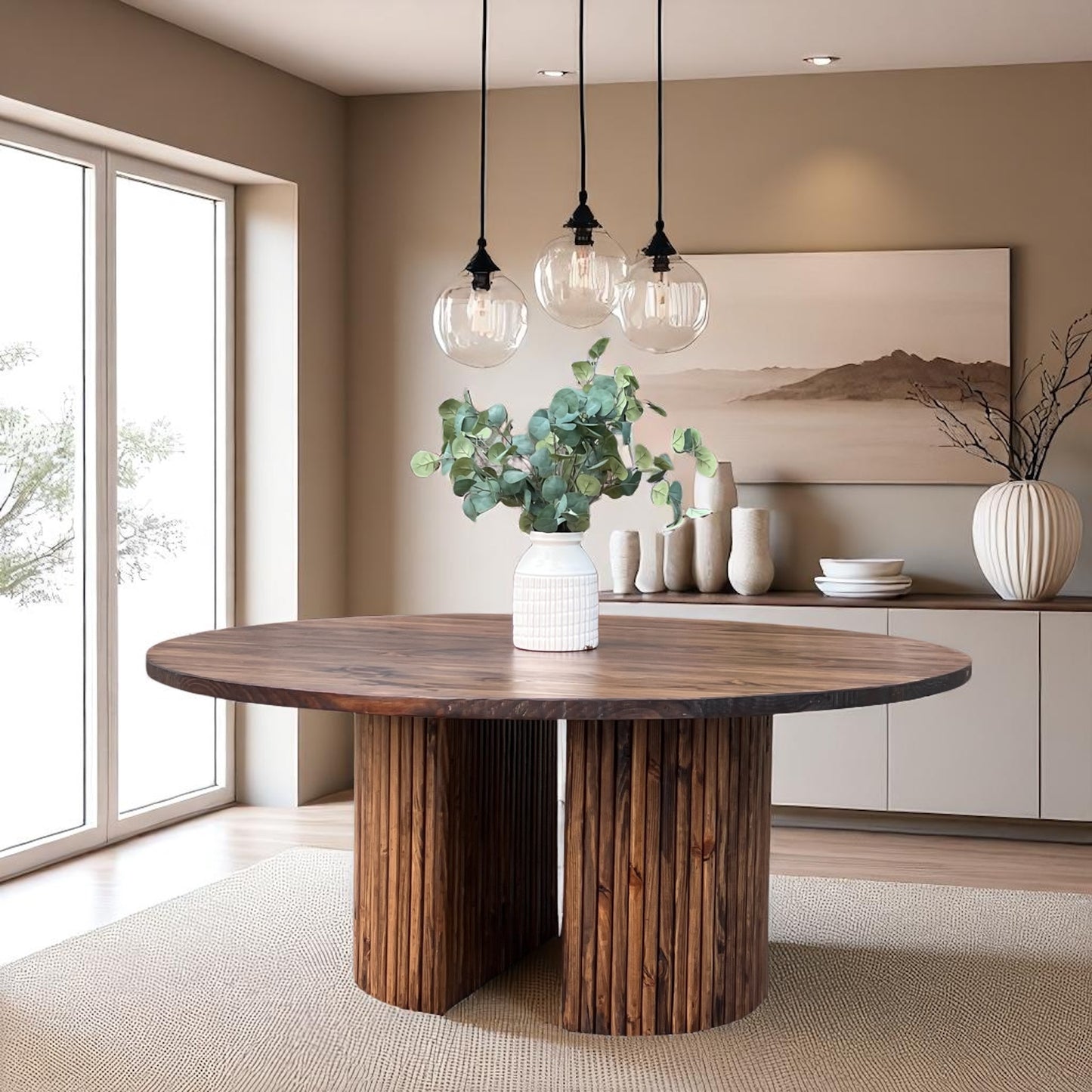 Celeste Round Dining Table – Fluted Pedestal Base | Solid Wood Dining Table | Modern Farmhouse