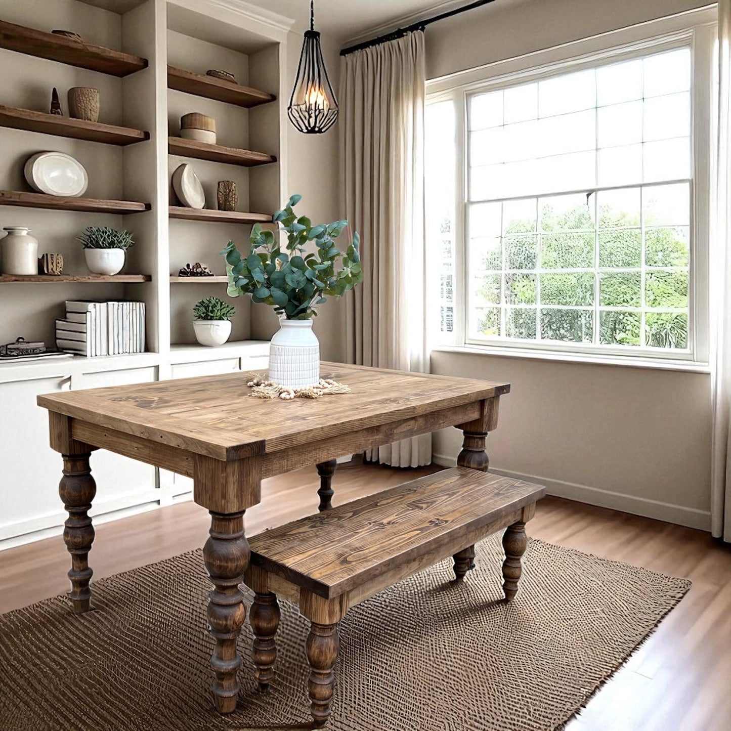 Dasha - Solid Wood Dining Table & Bench Set - Handcrafted Farmhouse Dining Table Set