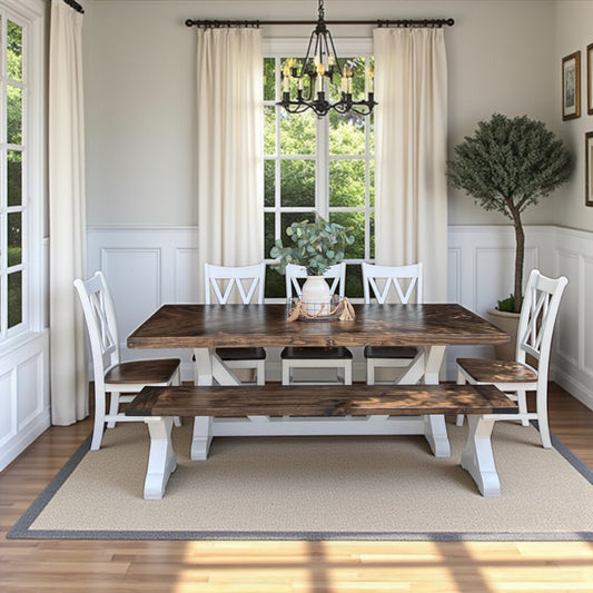 Della Herringbone Top Pattern Dining Table Set - Bench & Chairs Set - Handcrafted Solid Wood
