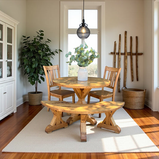 Stella Round Dining Table Set with Chairs Curved Bench - Solid Wood - Handcrafted