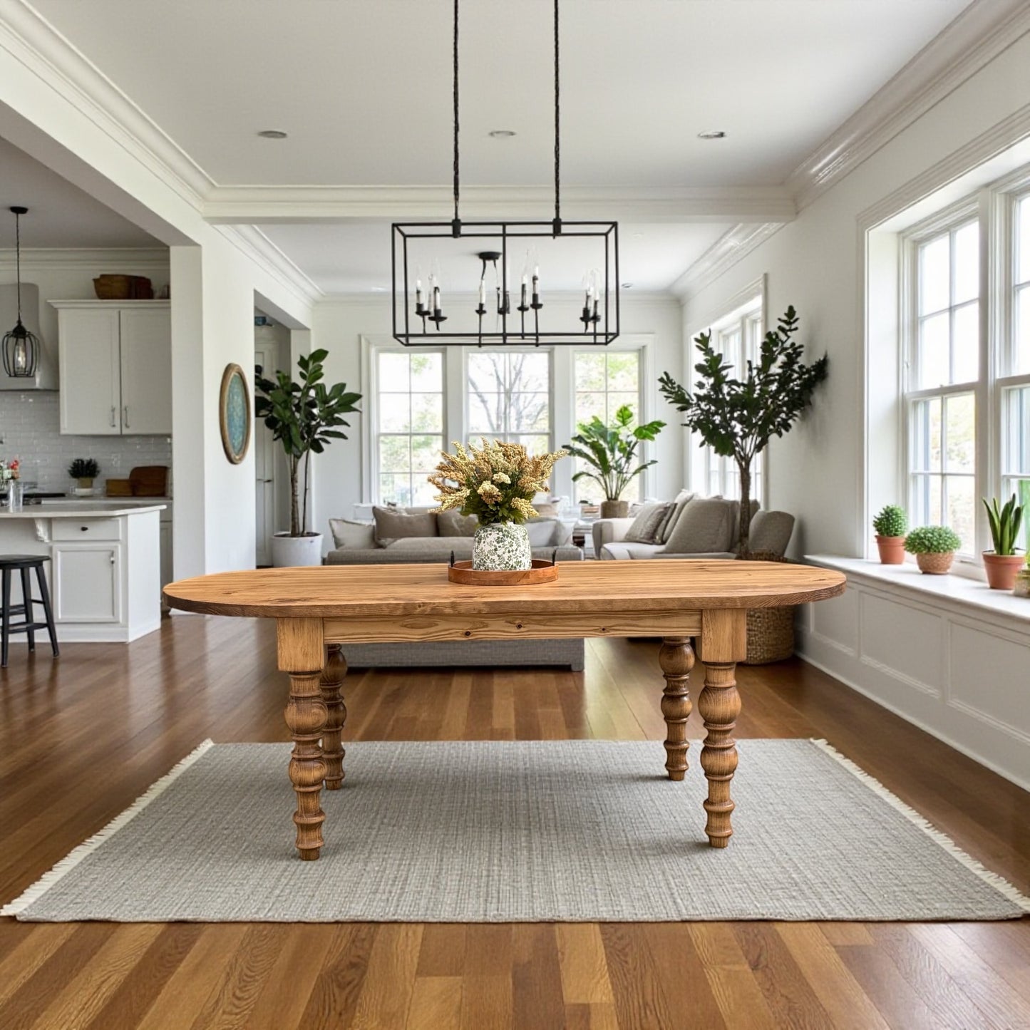 Solid Wood Oval Dining Table with Turned Legs - Dasha - Farmhouse - Handcrafted