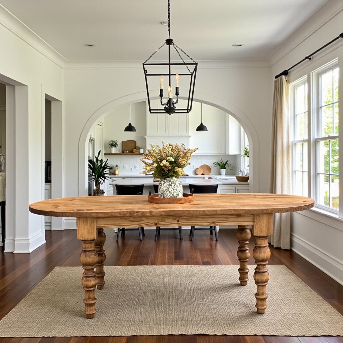 Solid Wood Oval Dining Table with Turned Legs - Dasha - Farmhouse - Handcrafted