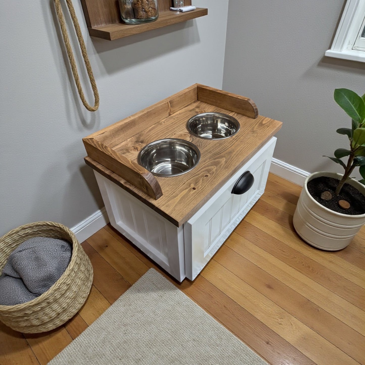 Raised Dog Feeding Station with Storage Drawer - Farmhouse Style - Handcrafted