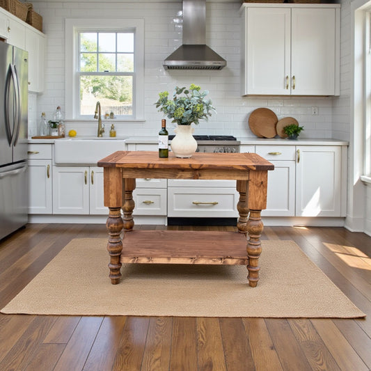 Solid Wood Kitchen Island with Bottom Shelf, handcrafted in Texas