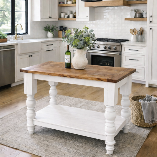 Solid Wood kitchen island with bottom shelf, built in Texas 