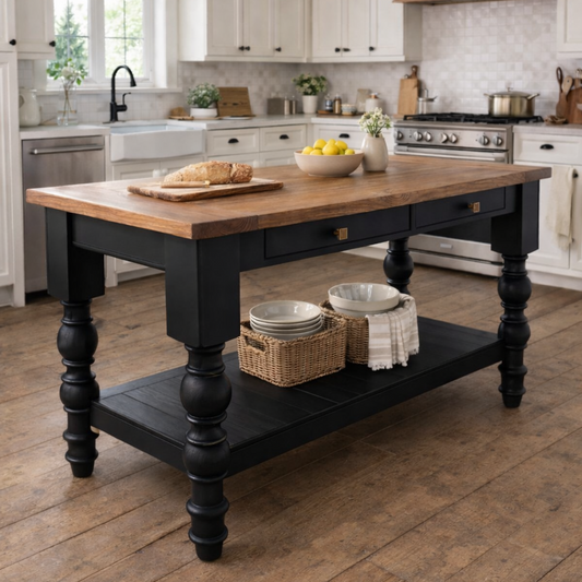 Solid Wood Kitchen Island with Drawers and Bottom Shelf, handcrafted in Texas