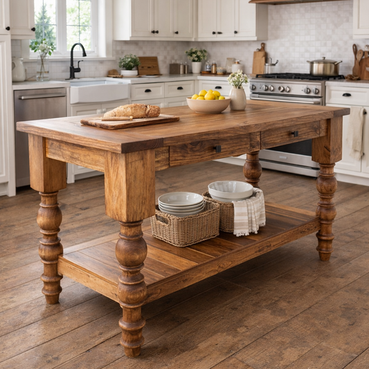 Solid Wood kitchen Island with drawers and turned legs, handcrafted in texas