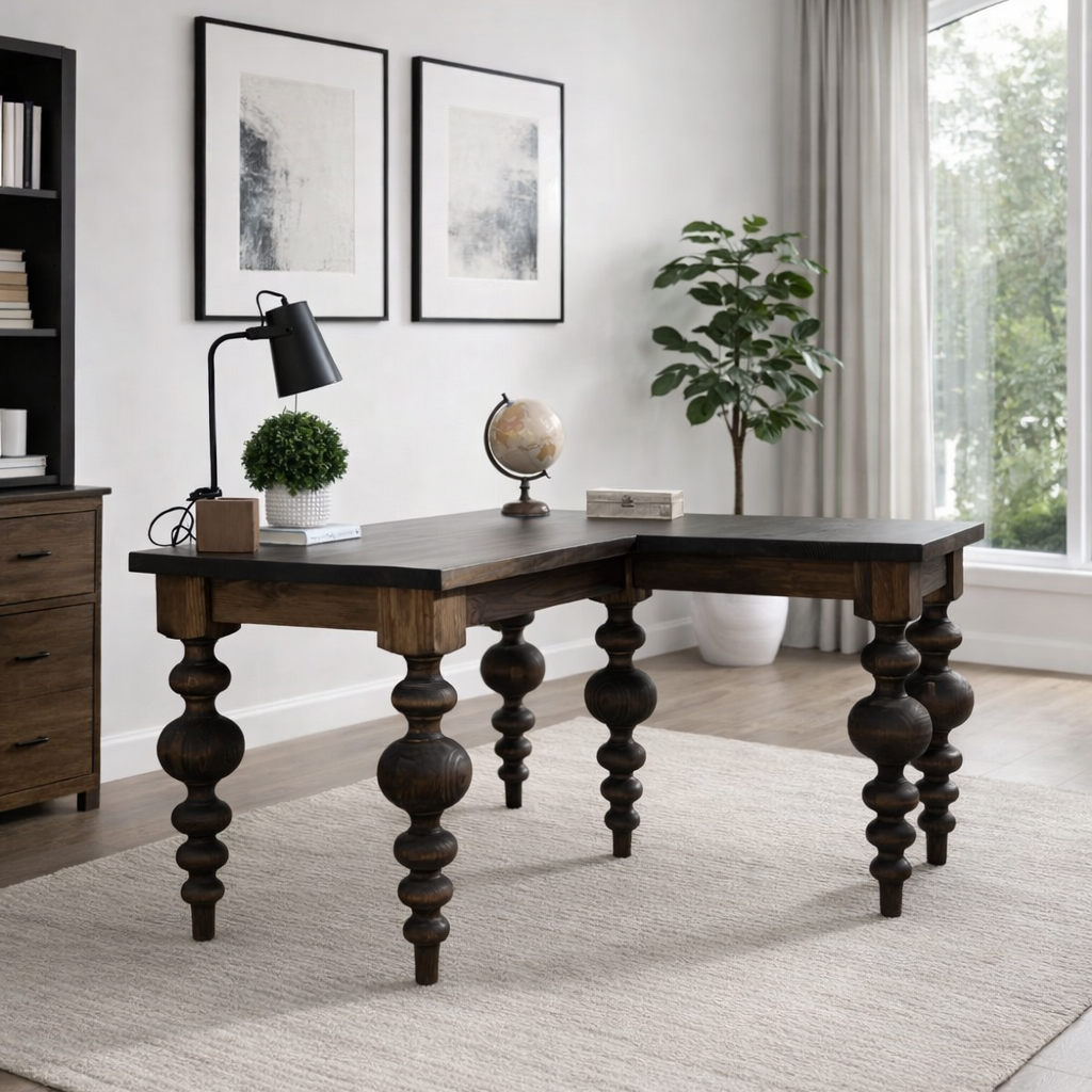 Solid Wood L-Shape Desk with Turned Leg s, handcrafted in Texas