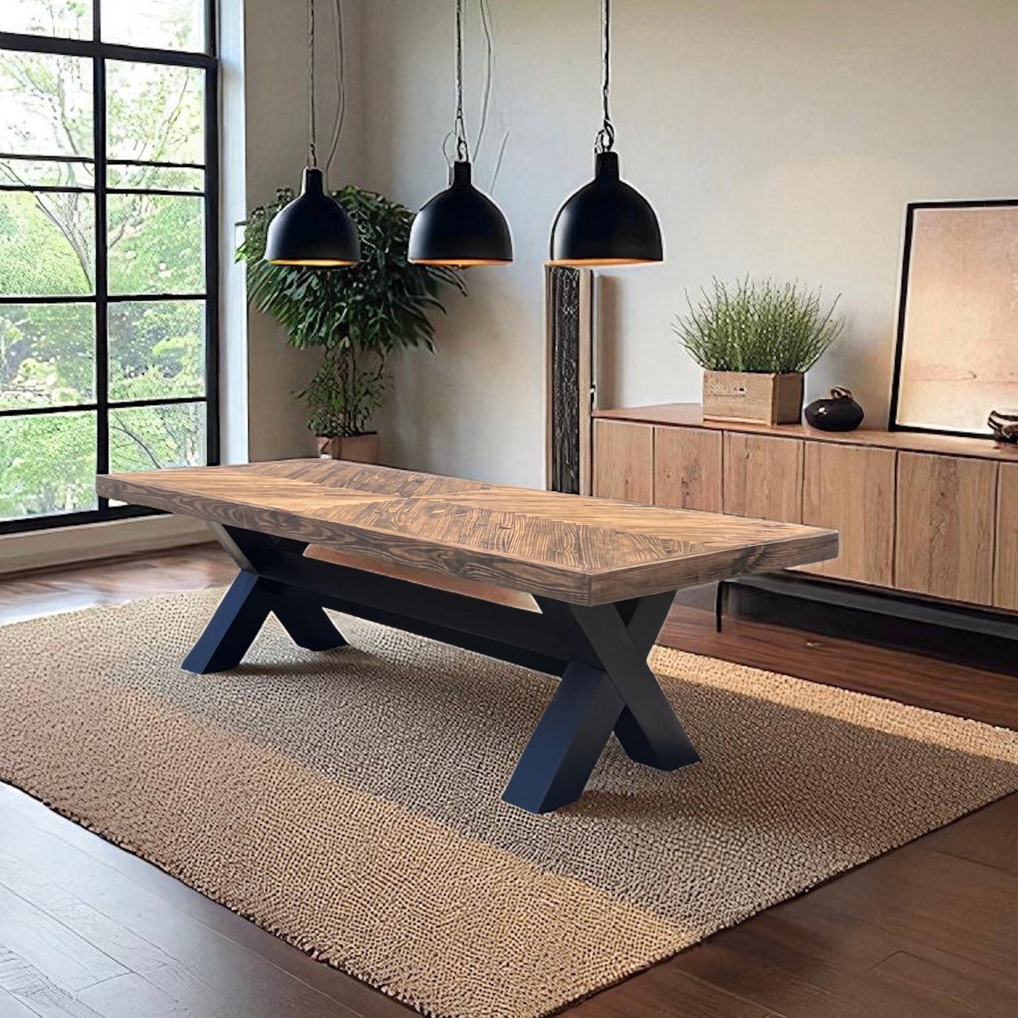 Solid Wood Modern Rustic Dining table with a Herringbone Table top Pattern and Bold X style Legs