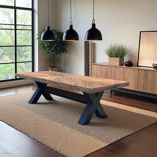 Solid Wood Modern Rustic Dining table with a Herringbone Table top Pattern and Bold X style Legs