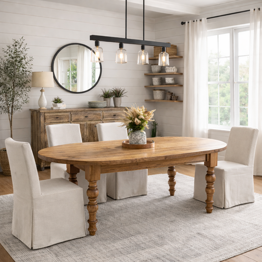 Solid Wood Oval Dining Table with turned legs handcrafted in Texas