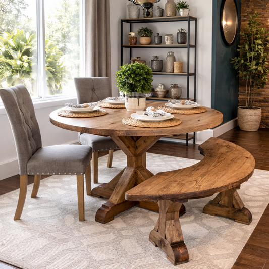 Solid Wood Round Dining Table with matching curved bench , farmhouse, handcrafted 