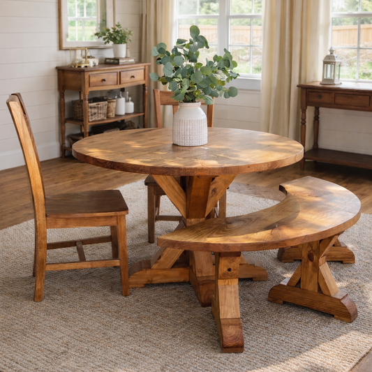 Solid Round Dining Table Set with curved bench and chairs handcrafted in Texas