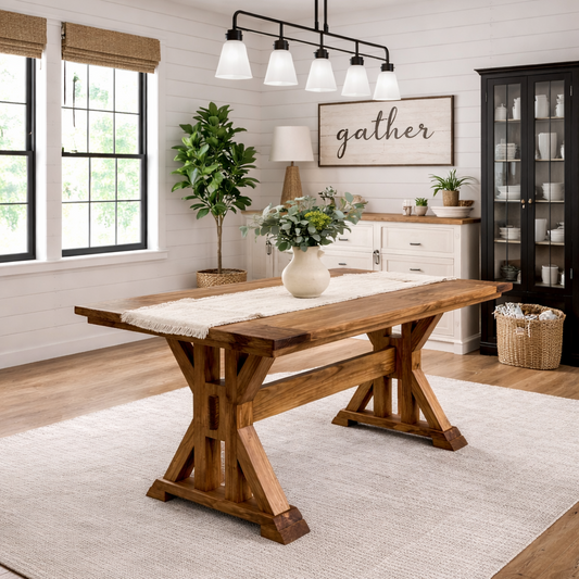 solid wood dining table with trestle base, handcrafted, custom built in Texas