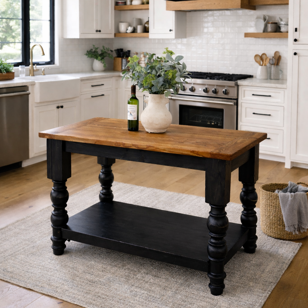 Wood Kitchen island with bottom shelf, handcrafted in texas