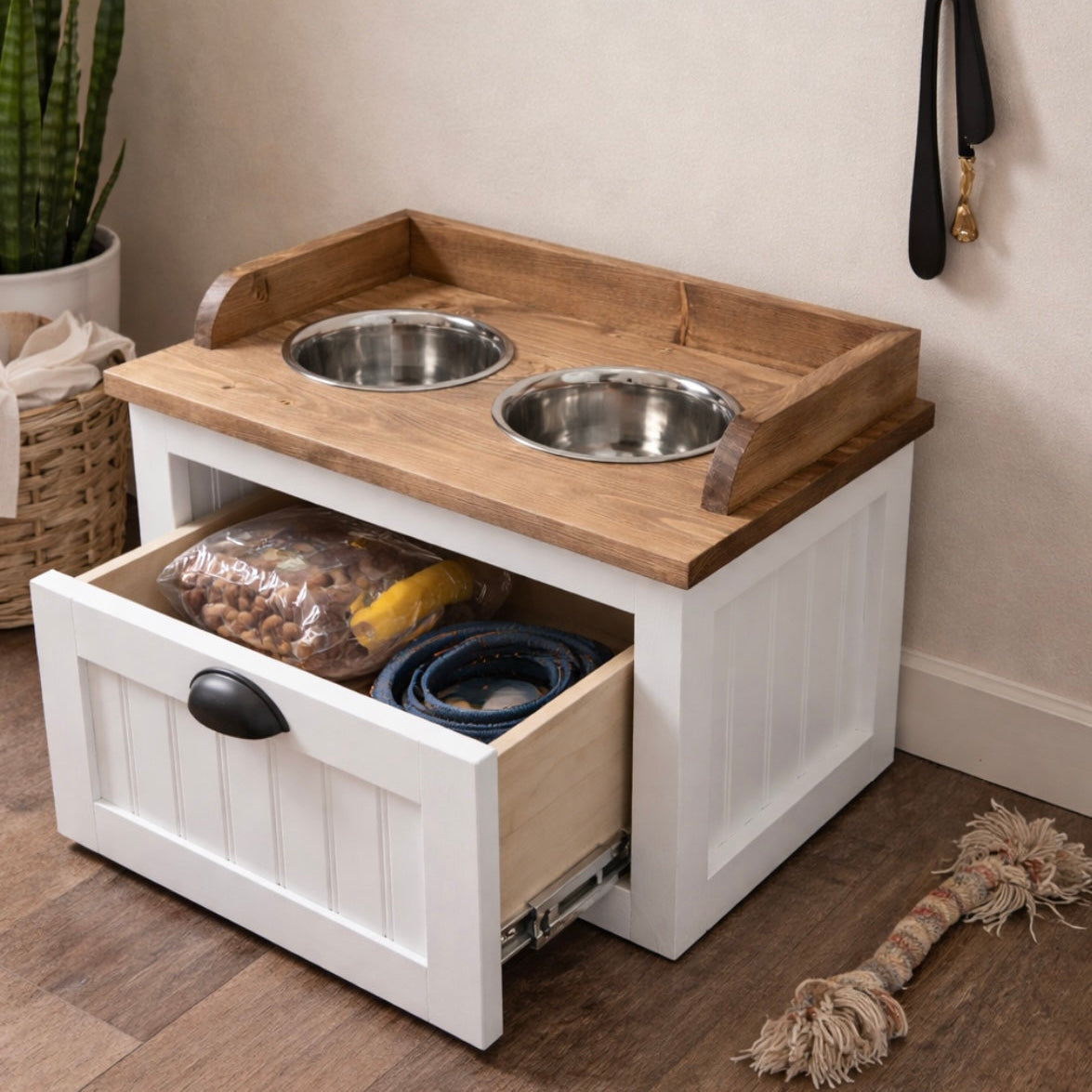 White pet feeding station with wooden top and storage drawer on a wooden floor.